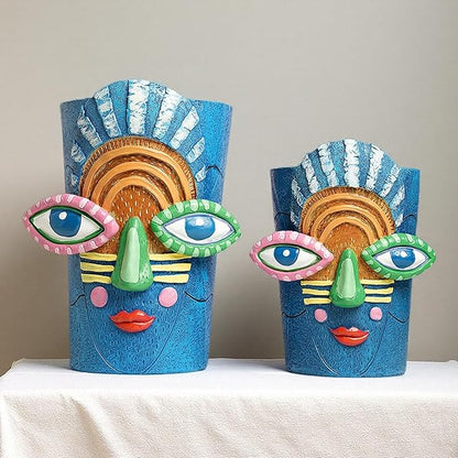 Picasso Abstract Face Flower Pot,Plant Pot with Facial Expressions,Handmade Resin Plant Pot with Drainage Holes,for Indoor and Outdoor Botanical Home décor (Blue Small)