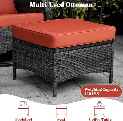 5 Piece Outdoor Patio Furniture Set,Wicker Patio Conversation Set with Swivel Glider Chairs,Wicker Rocking Swivel Chairs Set with Ottomans/Side Coffee Table for Backyard,Deck,Balcony,Red