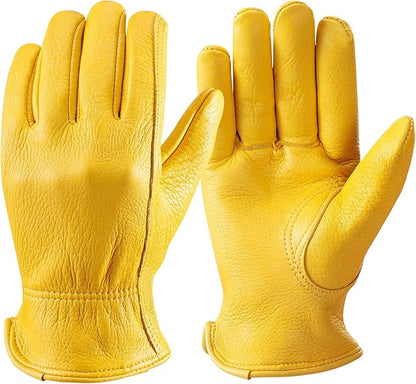 OZERO Leather Work Gloves: Mens Deerskin Gloves Soft Breathable Abrasion Resistant Gardening Firewood Glove - for Driving Riding Yardwork Ranch Farm Hunting Garage DIY for Men & Women (Gold,XL)