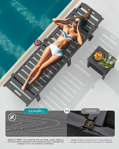 SERWALL Patio Chaise Lounge, HDPE Outdoor Lounge Chair with Cup Holder, 5 Positions Adjustable Poly Lounge Chair with Rolling Wheels for Poolside, Deck, Sunbathing, Grey