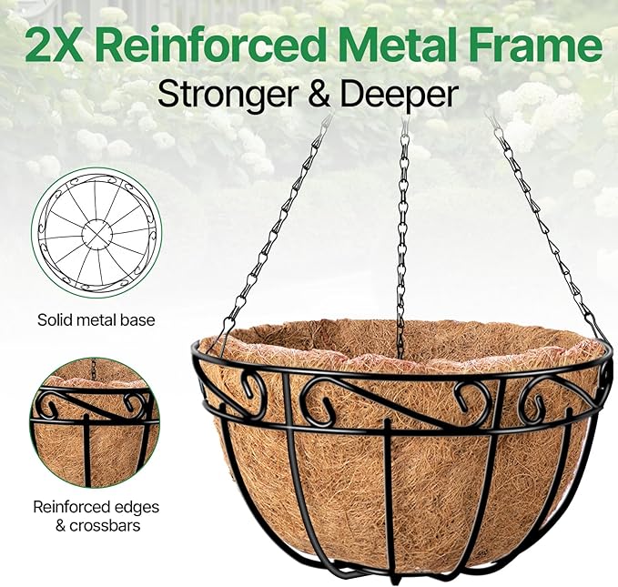 Amagabeli 4 Pack 14 Inch Metal Hanging Baskets Planter Outdoor Round Wire Hanging Basket for Plants with Coco Fiber Liners Chain Plant Holder for Garden Patio Deck Porch Plants Vegetables Flower Pots