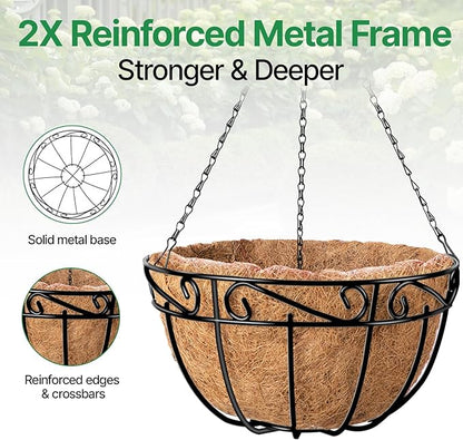 AMAGABELI GARDEN & HOME 4 Pack 12 Inch Metal Plant Hanging Baskets Planter Flower Pots Outdoor Indoor Wire Hanging Basket for Vegetable with Coco Fiber Liners for Garden Home Porch Decor