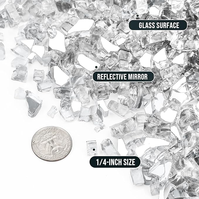 Skyflame 10-Pound Fire Glass for Fireplace Fire Pit and Landscaping, Platinum Reflective, 1/4-Inch