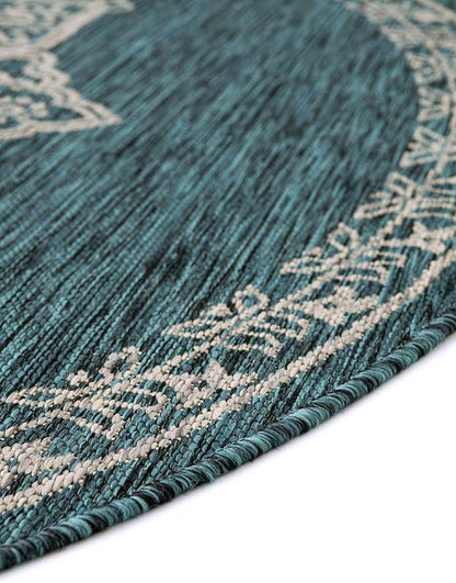 Unique Loom Outdoor Traditional Collection Area Rug - Antique (7' 10" Round Teal/Ivory)