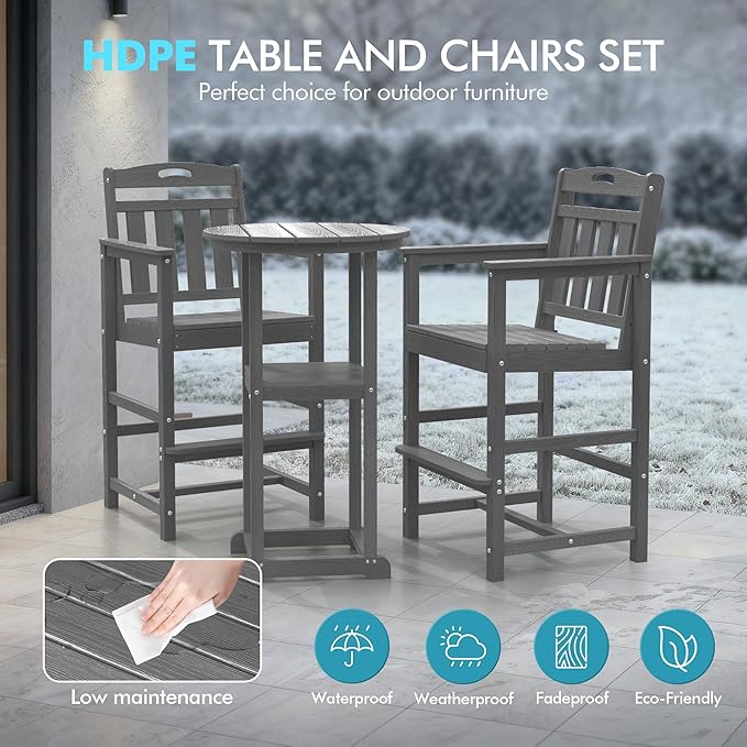 Ciokea Balcony Chairs and Table 3 Pieces Set, Outdoor High Top Bar Set, HDPE Oversized Adirondack Bar Chairs Set of 2 and Round Table for Outside Dining Bistro Poolside Backyard, Grey