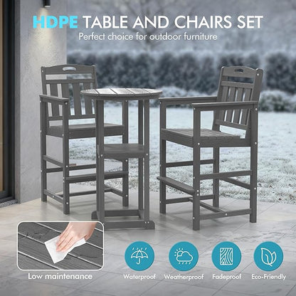 Ciokea Balcony Chairs and Table 3 Pieces Set, Outdoor High Top Bar Set, HDPE Oversized Adirondack Bar Chairs Set of 2 and Round Table for Outside Dining Bistro Poolside Backyard, Grey