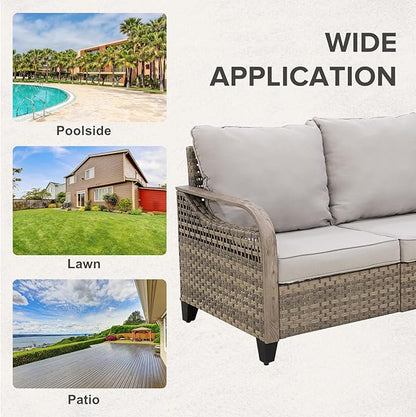 COOS BAY Modern Wicker Outdoor Furniture Set, Patio Conversation Set with 2 Seat Loveseat, and Ottomans, 3 Piece, Brown/Gray