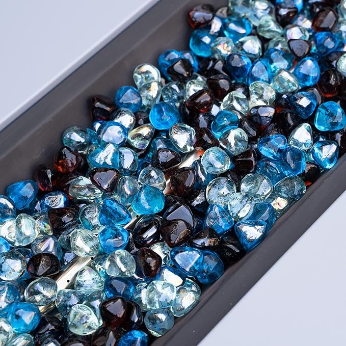 Mr. Fireglass 10 Pounds Blended Fire Glass Diamonds for Fireplace Fire Pit & Lanscaping - 1 inch High Luster Fire Rocks with Mixed Colors (Caribbean Blue+Crystal Ice+Amber) (Pack of 2)