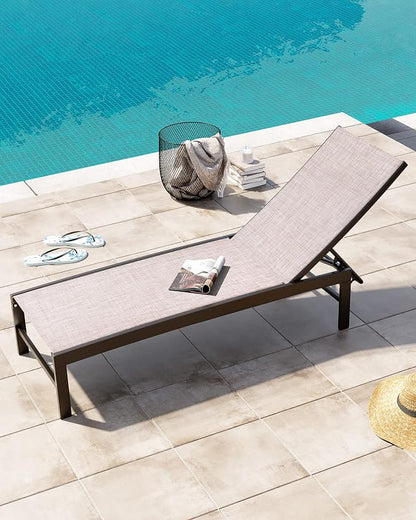 Crestlive Products Outdoor Lounge Chairs, Metal Pool Chaise Lounge Chairs, Adjustable Five-Position Tanning Recliner, All Weather for Patio, Beach, Yard, Pool (1PC Beige)