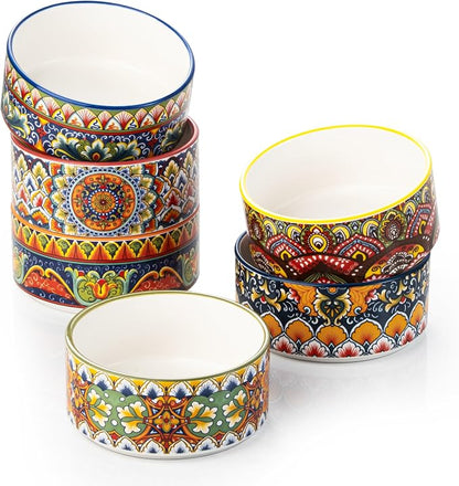 Henten Home Ceramic Ramekins Set Oven Safe, Colorful Creme Brulee Ramekins Set of 6, Boho Baking Cups for Cake, Pudding, Souffle, Ice Cream, Snack, Dipping, Microwave & Dishwasher Safe(4 oz)