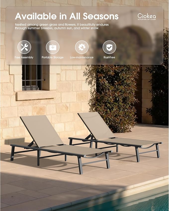 Ciokea Foldable Outdoor Lounge Chair Set of 2, No Assembly Aluminum Chaise Lounge Outdoor with 5 Adjustable Positions, Pool Lounge Chairs with Portable Design for Pool, Deck, Beach, Patio (Khaki)