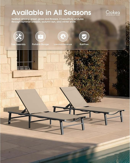 Ciokea Foldable Outdoor Lounge Chair Set of 4, No Assembly Aluminum Chaise Lounge Outdoor with 5-Positions, Aluminum Pool Lounge Chairs with Portable Design for Pool, Deck, Beach, Patio (Khaki)