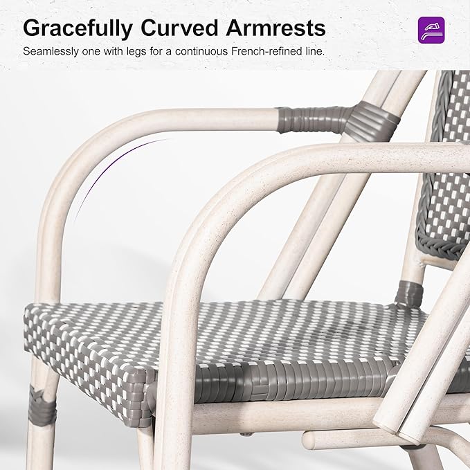 PURPLE LEAF French Bistro Chairs Set of 2 Aluminum Hand-Woven Rattan Wicker Dining Chairs with Arms for Outdoor Porch Garden White Print Finish Grey