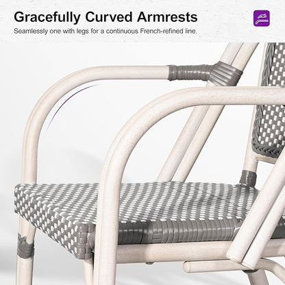 PURPLE LEAF French Bistro Chairs Set of 2 Aluminum Hand-Woven Rattan Wicker Dining Chairs with Arms for Outdoor Porch Garden White Print Finish Grey