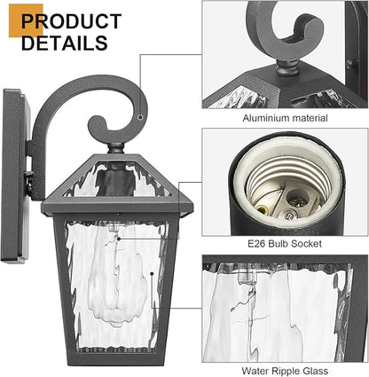 Outdoor Lights Fixtures Wall Mount, Outdoor Wall Lantern with Water Ripple Glass, Waterproof Outside Exterior Wall Sconce Lights Fixture for House, Front Porch, Patio, Matte Black, 2Packs