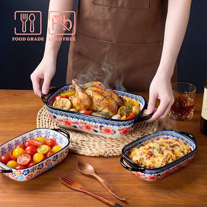 Ceramic Casserole Dishes for Oven, Hand-painted Polish Pottery Baking Dish Set of 2, 0.8QT / 2QT Porcelain Casserole Dishes with Handles, Baking Pan Lasagna Pan, Gift for Family/Friend (Red)