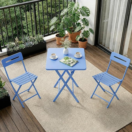 GarveeTech 3-Piece Folding Bistro Set, Heavy Duty Outdoor Patio Furniture with 2 Chairs & 1 Table, Weather-Resistant Steel Frame, No Assembly Required for Garden, Yard, Balcony,Blue