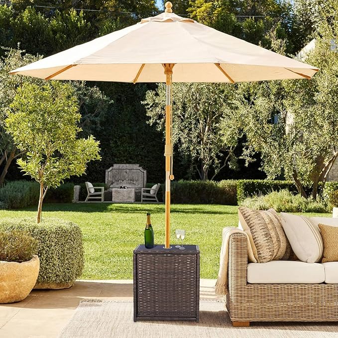 SUNNYPARK Outdoor Umbrella Side Table with 2 Weight Bags, 2-in-1 Patio Table with Umbrella Hole, All-Weather Handwoven PE Rattan Umbrella Base Stand for Deck Yard Garden Balcony Poolside