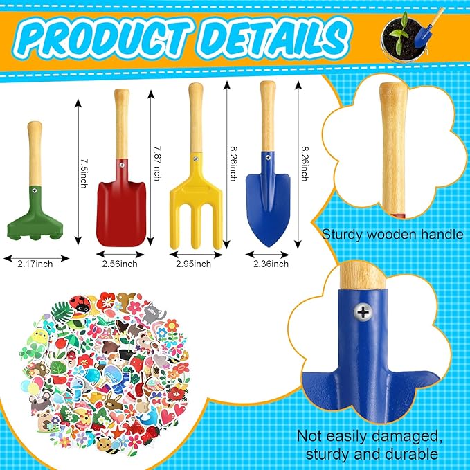130 Pcs Kids Garden Tools Set Include 6 Pcs Small Metal Watering Can 24 Gardening Tools Kit Shovel, Rake, Fork and Trowel with Wooden Handle and 100 Stickers for Kids Beach Planting Gifts