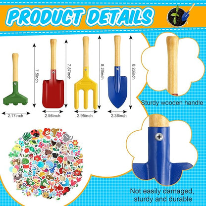 130 Pcs Kids Garden Tools Set Include 6 Pcs Small Metal Watering Can 24 Gardening Tools Kit Shovel, Rake, Fork and Trowel with Wooden Handle and 100 Stickers for Kids Beach Planting Gifts