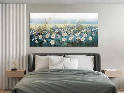 Arjun Flower Wall Art for Living Room, Teal Bedroom Canvas Daisy Floral Painting Landscape Picture Artwork Large Textured Office Home Dining Room Kitchen Wall Decor Large 48"x24"