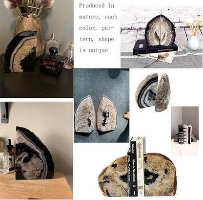 JIC Gem Agate Bookend(s) Black Bookshelf Decor geode bookends 1 Pair 3to 4 Lbs from Brazilian with Rubber Bumpers for Office and Home Decoration