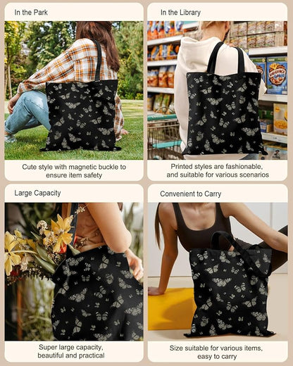 Miss Adola Canvas Tote Bag for Women – Aesthetic Canvas Bag with Zipper Cute Stylish Reusable Shoulder Totes for Shopping Work Daily Vacation, Black Butterfly