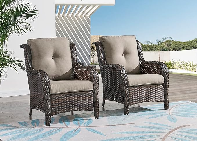 HUMMUH Outdoor Wicker Patio Chairs Set of 2 PE Rattan Patio Seating Chairs High Back Curved Armrest Porch Chairs with 4 inch Seat Cushions (Brown/Grey)