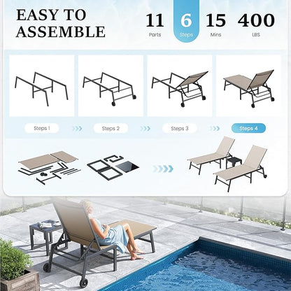 UDPATIO Patio Lounge Chair Outdoor Poolside Chaise Lounges with Wheels