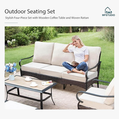 MFSTUDIO 7 PCS Outdoor Patio Furniture Set, Metal Outdoor Conversation Set, Rattan Wicker Patio Sectional with 2 x Fixed and Rocking Single Sofa, 3-Seat Sofa, 2 x Ottoman, Beige