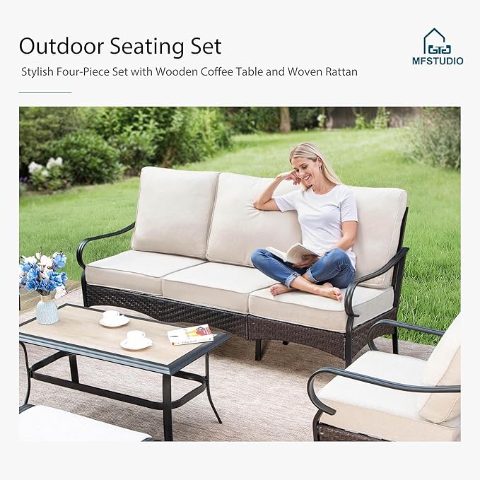 MFSTUDIO 6 PCS Outdoor Patio Furniture Set, Metal Outdoor Conversation Set, Rattan Wicker Patio Sectional Sofa Set with 2 x Fixed Single Sofa, 3-Seat Sofa, 2 x Ottoman, 1 x Coffee Table, Beige