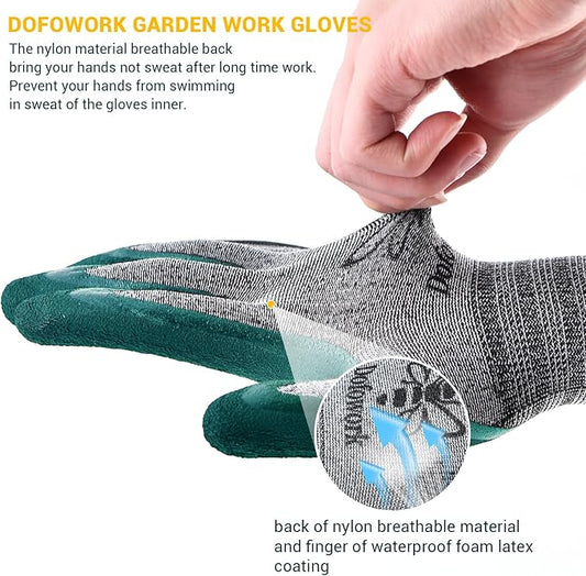 DOFOWORK Gardening Gloves - 6 Pair Gardening Gloves for Women/Men, Breathable Natural Latex Garden Gloves with Grip