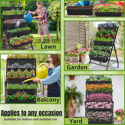 Homdox 4FT Vertical Garden Bed, 5 Tiers Vertical Raised Garden Planter, 25.6 * 26 * 48Inch Garden Raised Bed with 4 Hooks & 4 Wheels, Vegetable Flower Planter Raised Stand, Black with Storage Rack