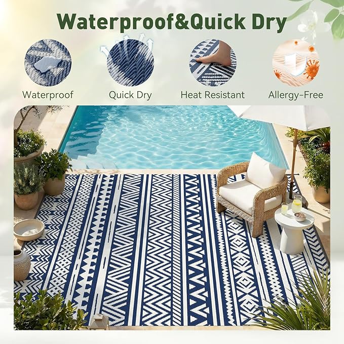 MontVoo-Outdoor Rug Carpet Waterproof 5x8 ft Reversible Patio Rug RV Camping Rug-Plastic Straw Rug Outside Indoor Outdoor Area Rug for Patio Deck Balcony Picnic Beach Outdoor Decor Boho Navy Blue