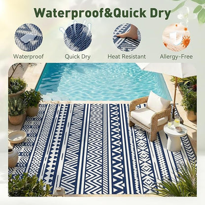 MontVoo-Outdoor Rug Carpet Waterproof 5x8 ft Reversible Patio Rug RV Camping Rug-Plastic Straw Rug Outside Indoor Outdoor Area Rug for Patio Deck Balcony Picnic Beach Outdoor Decor Boho Navy Blue