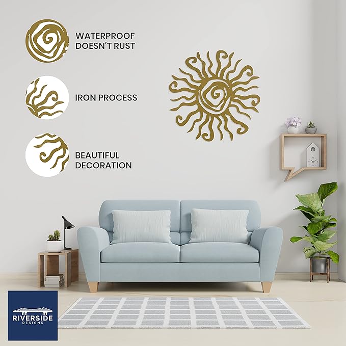 Riverside Designs Wacky Sun Metal Wall Art Indoor/Outdoor Decor - 36" Gold Rust Proof Wall Sculpture - Made in USA - Ideal for Bedroom, Garden, Home, Patio and Farmhouse