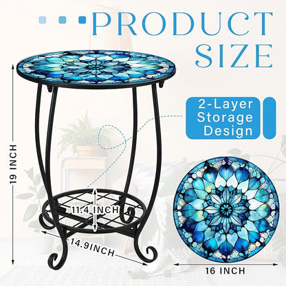 Cinnvoice Outdoor Side Table Round Small Mosaic Patio Accent Indoor End Plant Coffee Tea Table for Yard Patio Porch Garden Living Room, Bedroom(Mandala Style,16 Inch)