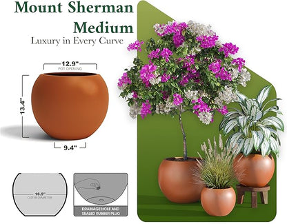 DTY Signature Mount Sherman Modern Indoor Outdoor Fiberstone Sphere Planter, Durable Round Garden Pot, Weather Resistant, Drainage Hole & Rubber Plug, Planter for Christmas Tree - Medium, Terracotta