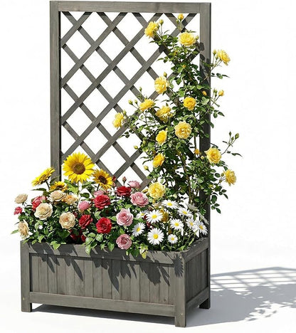 Wooden Raised Garden Bed with Trellis, 40" Outdoor Planter Box for Climbing Plants, Vertical Modern Gray Garden Planter for Vegetables, Flowers & Vines, Lattice Plant Support for Patio Yard Balcony