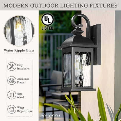 Exterior Lighting Fixtures 15 Inch Black Outdoor Wall Lights with Water Ripple Glass for Porch Front Door E26 Socket
