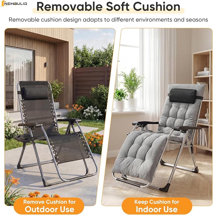 NEWBULIG Zero Gravity Chair, Folding Patio Recliner with Removable Cushion & Cup Holder Trays, Portable Lounge Chair for Beach & Camping, Classic Grey