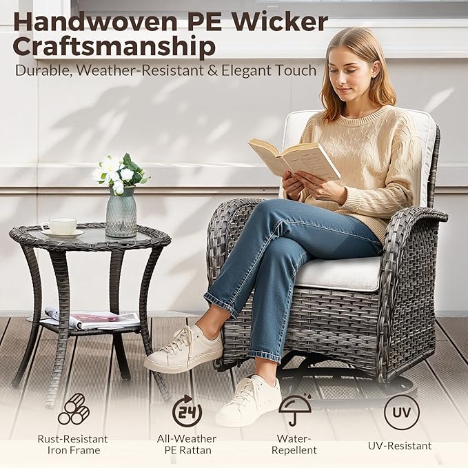 3-Piece Swivel Rocking Patio Set with Water-Repellant Cushions and Glass Table, Outdoor PE Wicker Lounge Set for Balcony, Porch, Garden, Backyard, Café All-Weather Bistro Set