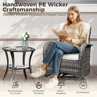 3-Piece Swivel Rocking Patio Set with Water-Repellant Cushions and Glass Table, Outdoor PE Wicker Lounge Set for Balcony, Porch, Garden, Backyard, Café All-Weather Bistro Set