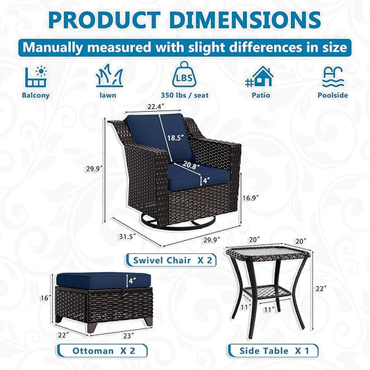 Vista Vibe 5 Pieces Outdoor Rattan Patio Conversation Furniture Set - 360 Degree Swivel Glider Rocker Chairs | Coffee Table | 2 Wicker Ottomans, Premium & Washable Cushions, Terrace (Brown/Navy)