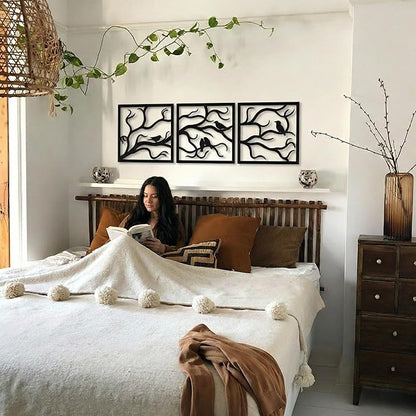 Metal Wall Art, Birds on Branch 3 Pieces, Tree Wall Art, Tree Sign, Wall Decor, Interior and Outdoor Decoration, 3 Panels Wall Hangings (40"W x 13"H / 102x33cm)