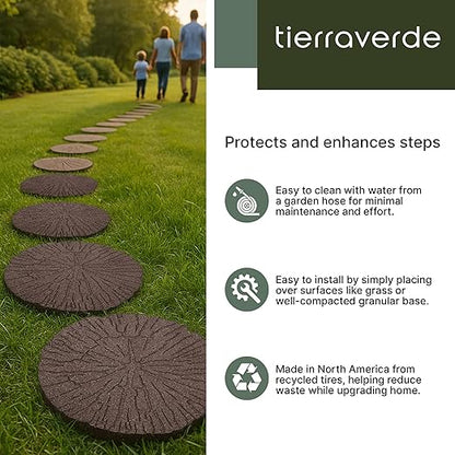 Tierra Verde 4-Pack 18”x18” Fake Cracked Log Rubber Stepping Stones, Round, Brown – Reversible Non-Slip Outdoor Faux Decorative Set for Landscaping – DIY Decor for Walkways & Yard Pathways