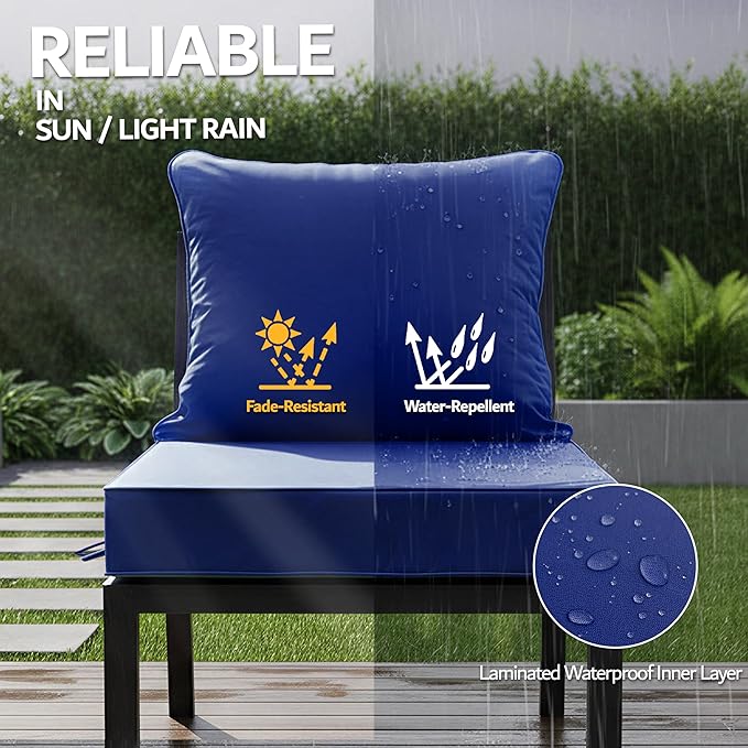19x19 Inch Patio Chair Cushions Set of 4, Outdoor Furniture Cushions - Removable Cover, Water-Repellent, Fade-Resistant, Non-Slip Bottom & Straps, Replacement for Lawn, Porch & Deck Chair - Navy