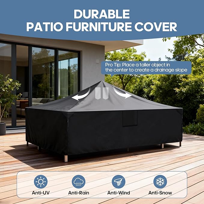 DUMOS Outdoor Furniture Cover Rectangular Heavy Duty 600D Waterproof UV Resistant Patio Sofa Couch Sectional Cover for Deck Table Chairs Backyard Dining Sets, 108"L x 82"W x 28"H, Classic Black
