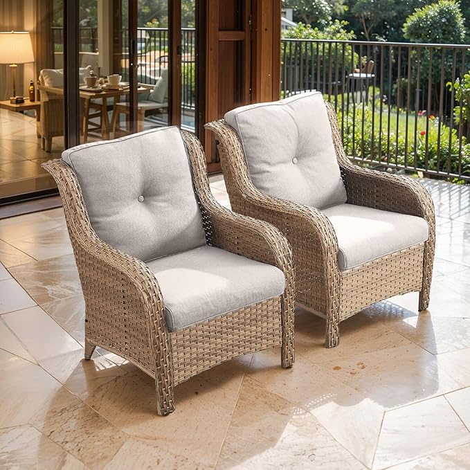 HUMMUH Patio Chairs Wicker Patio Dining Chairs Set of 2 PE Rattan Deep Seating Outdoor Chairs with 4 inch Seat Cushions (Yellow/Beige)