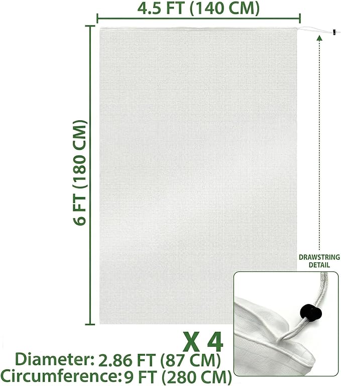 Fruit Tree Protection Bags 4.5x6 FT in 4 Pack | Multiple Size Garden Netting for Fruit & Vegetable Protection | White Plant Net Cover for Blueberry & Tomato | Bird & Insect Mesh Fabric Protector